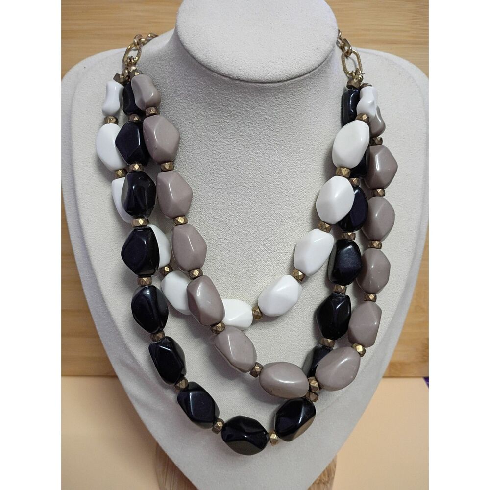 Vintage Layered, Versatile, Necklace Features Black, White and Gray Chunky Beads